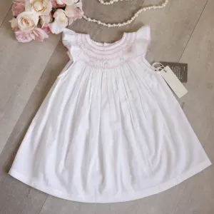 White Smocked Dress and Diaper Cover 100% Cotton Pink Embroidery Boutique NWT