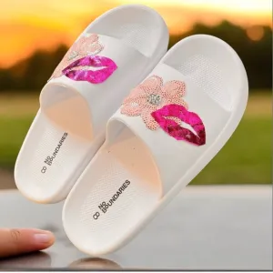 White Women's Slide Sandals with Pink and Red Accents Custom Designed