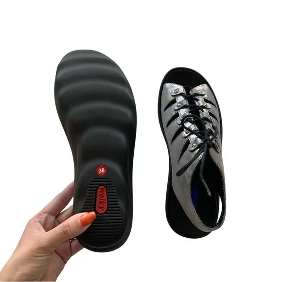 Wolky Arena Amalia Nubuck Light Gray &amp; Black Leather Sandals Size 38