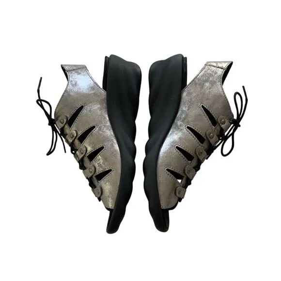 Wolky Arena Amalia Nubuck Light Gray &amp; Black Leather Sandals Size 38