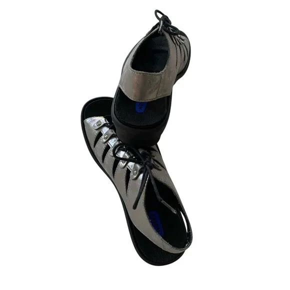 Wolky Arena Amalia Nubuck Light Gray &amp; Black Leather Sandals Size 38