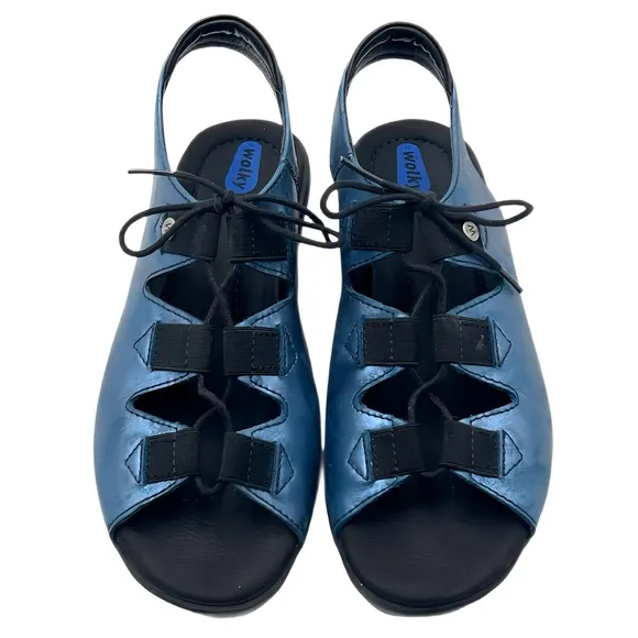Wolky Arena Metallic Blue Gladiator Wedge Comfort Festival Sandals EU 39 US 8.5