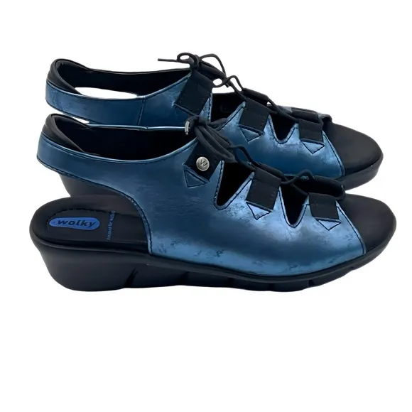 Wolky Arena Metallic Blue Gladiator Wedge Comfort Festival Sandals EU 39 US 8.5