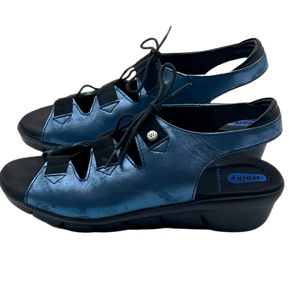 Wolky Arena Metallic Blue Gladiator Wedge Comfort Festival Sandals EU 39 US 8.5