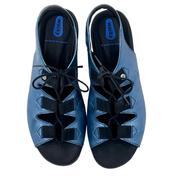 Wolky Arena Metallic Blue Gladiator Wedge Comfort Festival Sandals EU 39 US 8.5