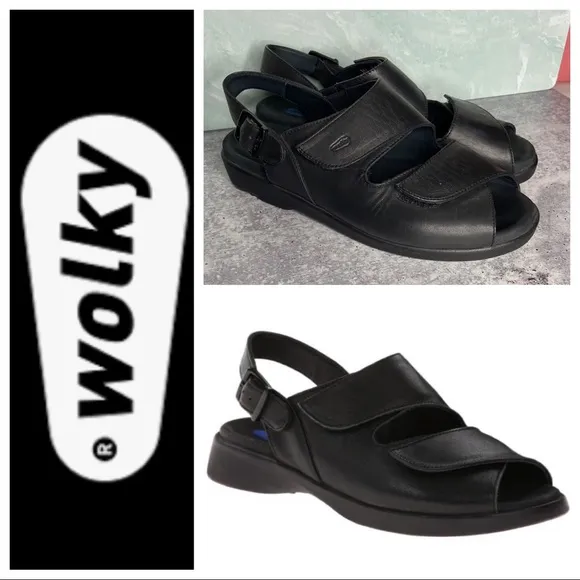 Wolky Shoe Black Leather Nimes Buckle Velcro Sandal