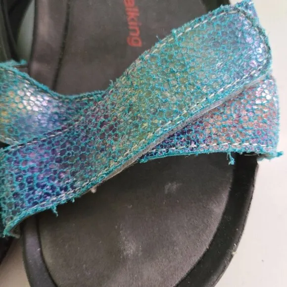 Wolky Turquoise Snake Print Ankle Strap Heel Support Walking Sandals Size 37