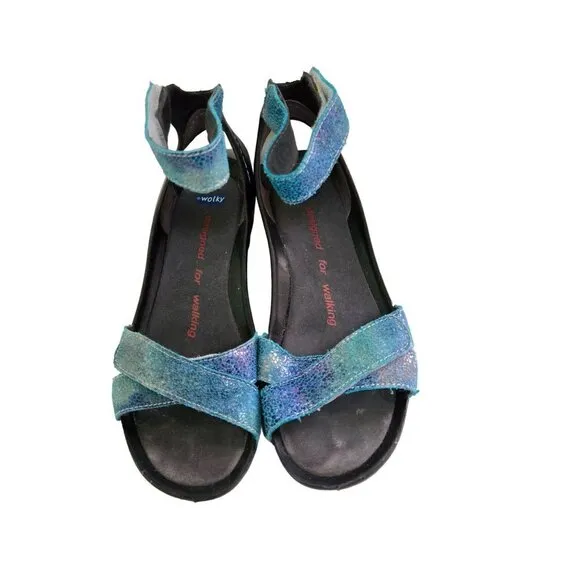 Wolky Turquoise Snake Print Ankle Strap Heel Support Walking Sandals Size 37