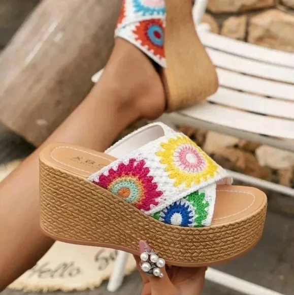 Women Bohemian  Embroidered Wedge Sandals With Thick Platform And Fashionable He