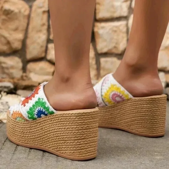 Women Bohemian  Embroidered Wedge Sandals With Thick Platform And Fashionable He