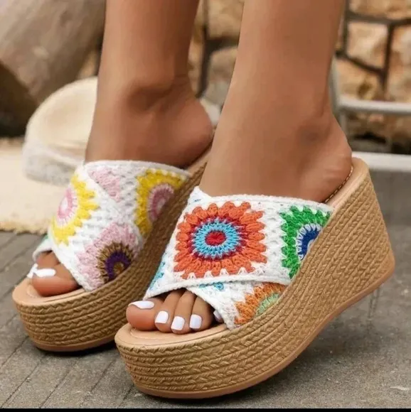 Women Bohemian  Embroidered Wedge Sandals With Thick Platform And Fashionable He