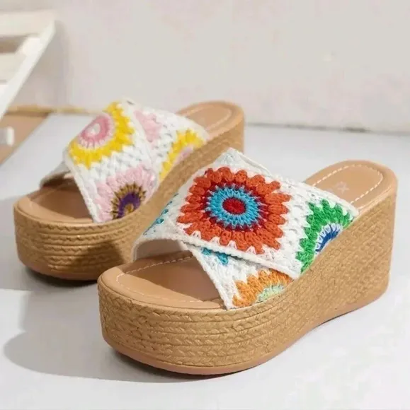 Women Bohemian  Embroidered Wedge Sandals With Thick Platform And Fashionable He
