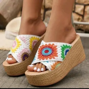 Women Bohemian  Embroidered Wedge Sandals With Thick Platform And Fashionable He