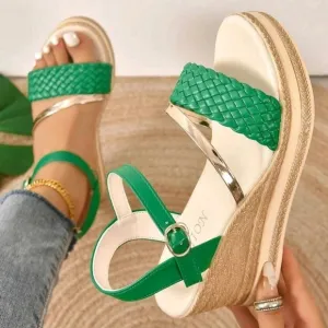 Women Fashionable Green Woven Strap Sandals With Bohemian Vacation Style,