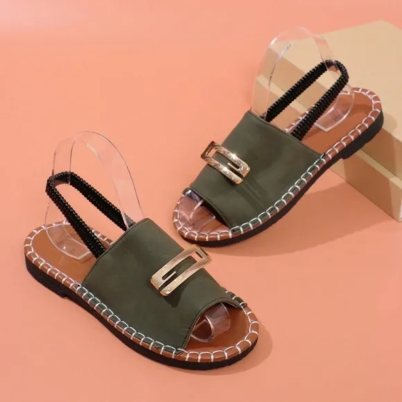 Women Flat Sandals Buckle Elastic Ladies White Open Toe Flat Slipper Pure Color