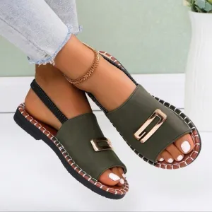 Women Flat Sandals Buckle Elastic Ladies White Open Toe Flat Slipper Pure Color