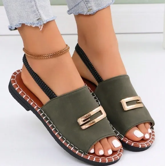Women Flat Sandals Buckle Elastic Ladies White Open Toe Flat Slipper Pure Color