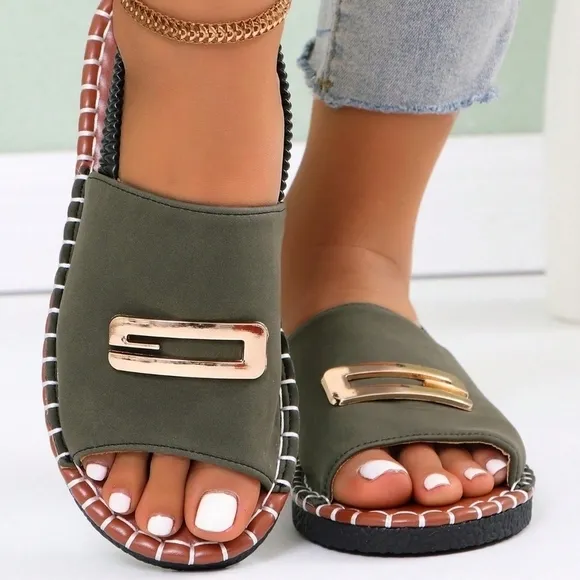 Women Flat Sandals Buckle Elastic Ladies White Open Toe Flat Slipper Pure Color