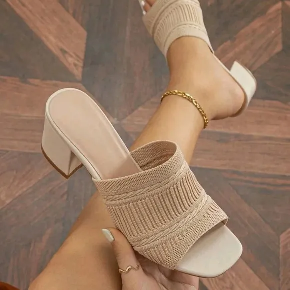 Women Minimalist Mule Sandals, Fabric Chunky Heeled Elegant Sandals