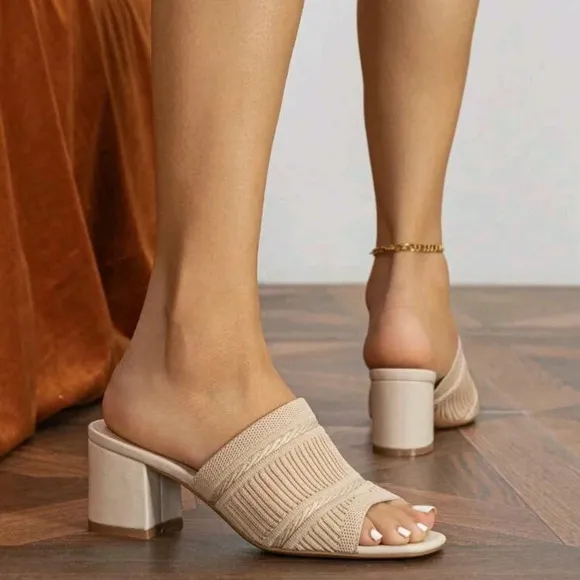 Women Minimalist Mule Sandals, Fabric Chunky Heeled Elegant Sandals
