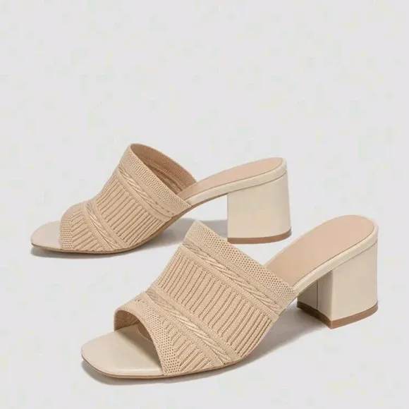 Women Minimalist Mule Sandals, Fabric Chunky Heeled Elegant Sandals