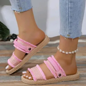 Women Pink Bohemian Style Elastic Double Wear Round Toe Flat Sandals