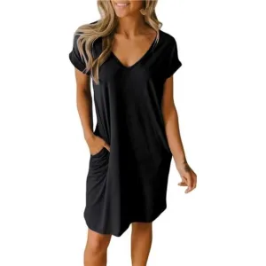 Women V-Neck Short Sleeve Summer Dresses Black