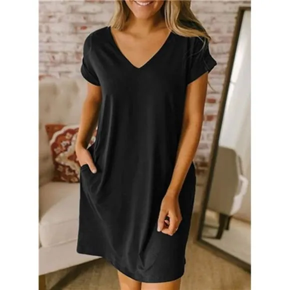 Women V-Neck Short Sleeve Summer Dresses Black