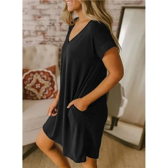 Women V-Neck Short Sleeve Summer Dresses Black
