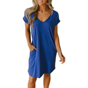 Women V-Neck Short Sleeve Summer Dresses Blue