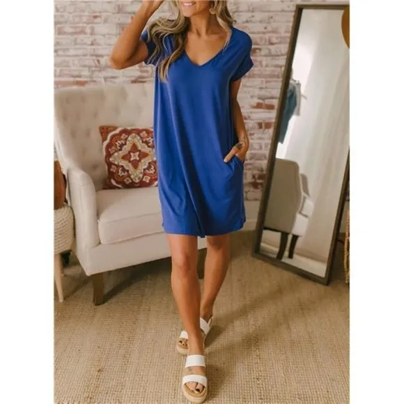Women V-Neck Short Sleeve Summer Dresses Blue