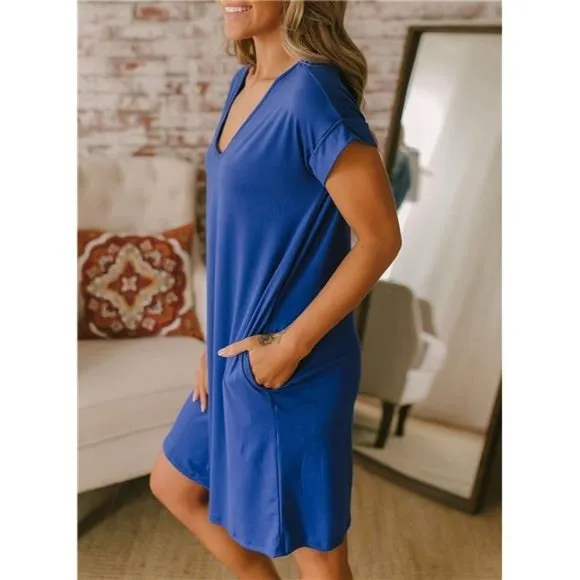 Women V-Neck Short Sleeve Summer Dresses Blue