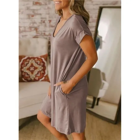 Women V-Neck Short Sleeve Summer Dresses Dark Khaki