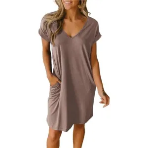 Women V-Neck Short Sleeve Summer Dresses Dark Khaki