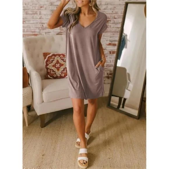 Women V-Neck Short Sleeve Summer Dresses Dark Khaki