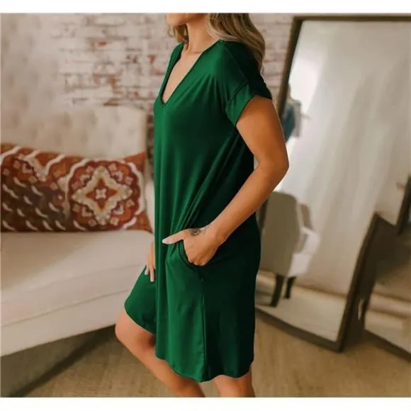 Women V-Neck Short Sleeve Summer Dresses Green