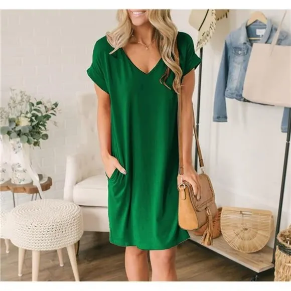 Women V-Neck Short Sleeve Summer Dresses Green