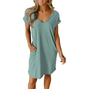 Women V-Neck Short Sleeve Summer Dresses Grey Green