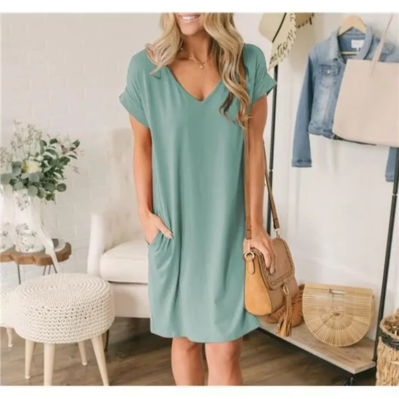 Women V-Neck Short Sleeve Summer Dresses Grey Green