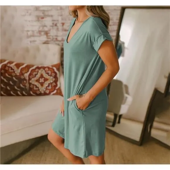 Women V-Neck Short Sleeve Summer Dresses Grey Green