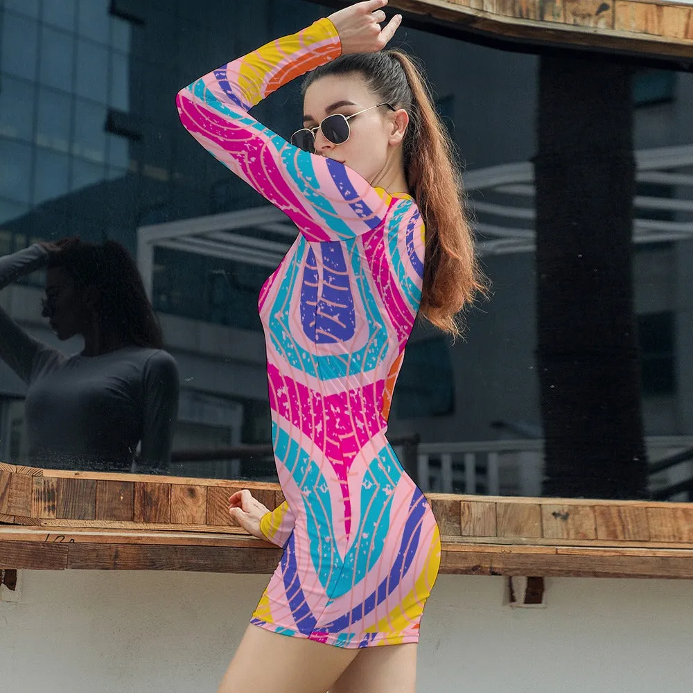 Women's Abstract Stripe Circle All Over Print Short Mini Bodycon Long Sleeve Skinny Fashion Summer Dress - 4 colours available