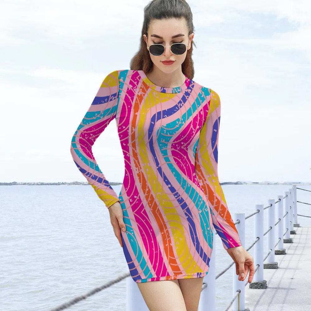 Women's Abstract Stripe Circle All Over Print Short Mini Bodycon Long Sleeve Skinny Fashion Summer Dress - 4 colours available