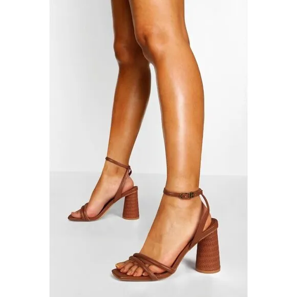 Women's Brown Block High Heels Square Toe Heeled Sandals Ankle Strap Shoes