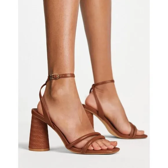 Women's Brown Block High Heels Square Toe Heeled Sandals Ankle Strap Shoes