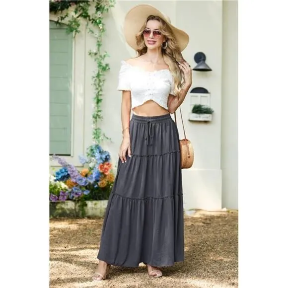 Womens Casual Boho High Waisted Flowy Maxi Skirts Trendy Floral Cute
