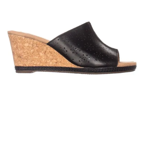 Women’s Clarks Helio Corridor Comfort Wedge Cork Sandals, Black Leather Size 8.5