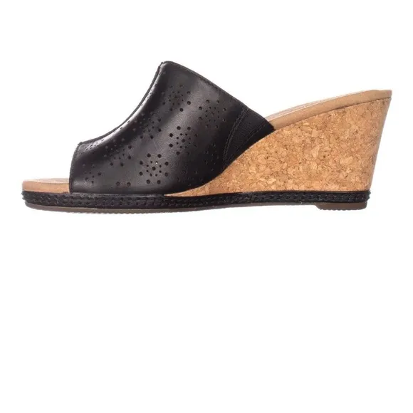 Women’s Clarks Helio Corridor Comfort Wedge Cork Sandals, Black Leather Size 8.5