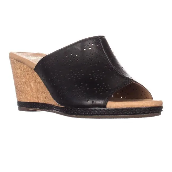 Women’s Clarks Helio Corridor Comfort Wedge Cork Sandals, Black Leather Size 8.5