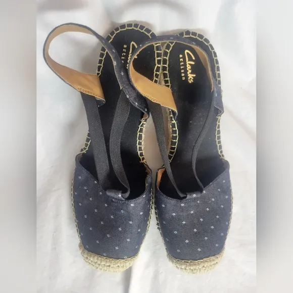 Women's Clarks Petrina Kaelie Black White Polka Dot Espadrille Wedge Sandals Sz9