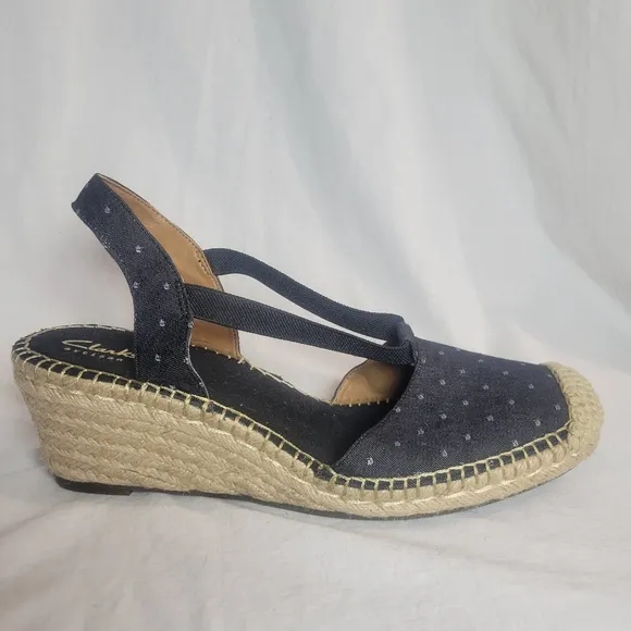 Women's Clarks Petrina Kaelie Black White Polka Dot Espadrille Wedge Sandals Sz9